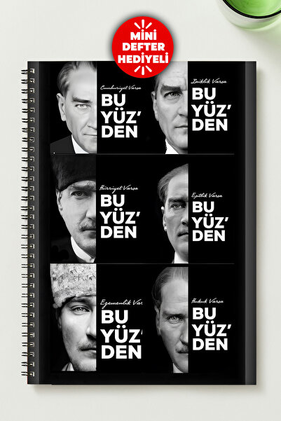BLACKONECLASS Special Design Ataturk Themed A5 Metal Spiral Checkered Cardboa...