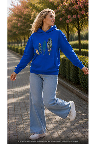 caddekombin Women's Colorful Boho Feather Graphic Printed Hooded Kangaroo Poc...