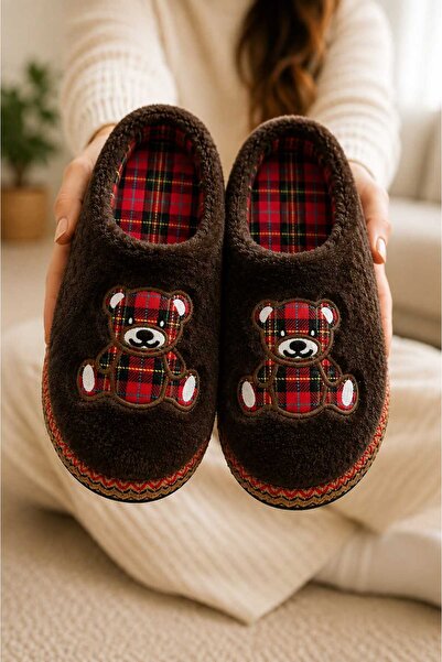 Slipcat Unisex, Plaid Patterned, Bear Figured, Soft, Plush Winter House Slippers