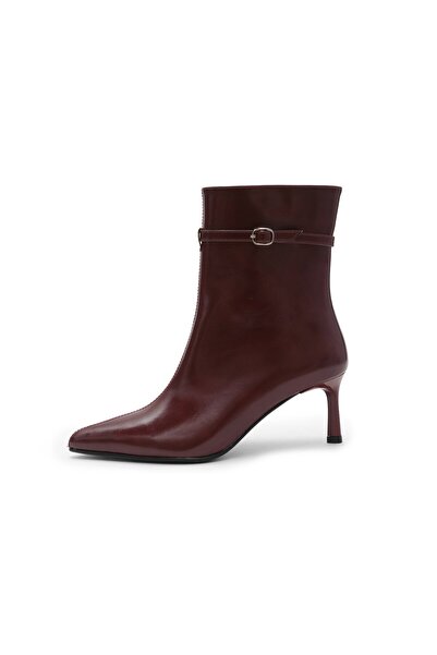 Mio Gusto Burgundy Color Belt Detailed Pointed Toe Women's Heeled Boots