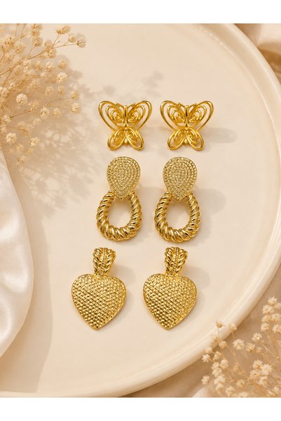 FERİHA DESING طقم أقراط من 3 قطع باللونين الفضي والأصفر بتصميم أنيق