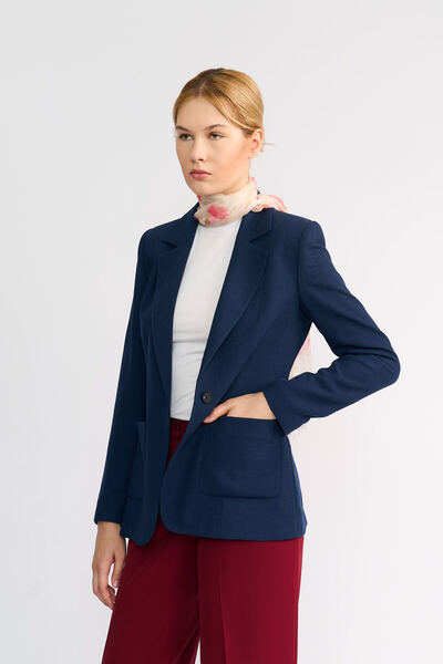 Volanlı Navy Blue Linen Jacket