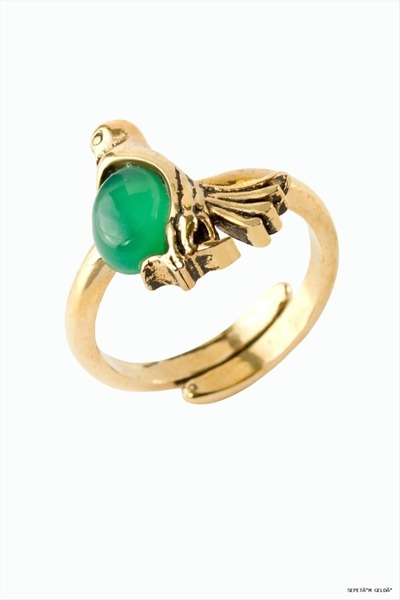ZERO LAND Spt-Gld Bird Natural Stone Authentic Ring (131754) Green Agate