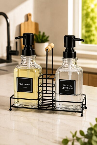 Kitchen Beauty 2'Li Lüks Bambu Kulplu Metal Standlı Cam Sıvı Sabunluk Deterjanlık Mutfak Banyo Organizer 500ml