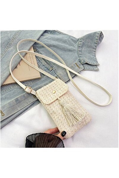 STARSTAR Women's bohemian straw shoulder bag khaki with tassels