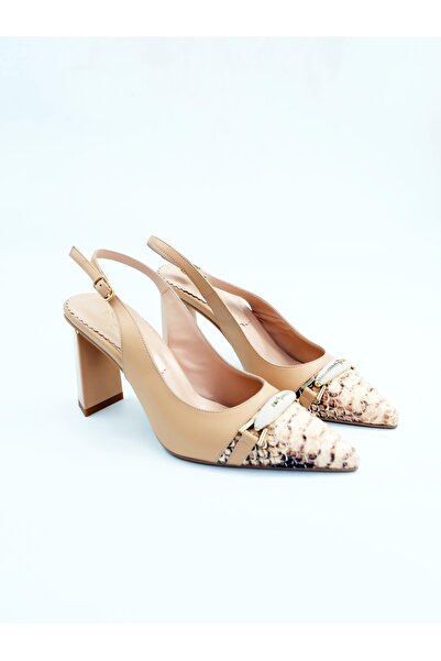 Tenau Women's Genuine Leather Heeled Shoes Dark Beige