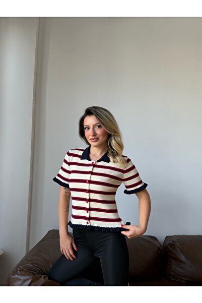 MODAMERSİ Women's Ecru Striped Ruffle Detailed Knitwear Cardigan