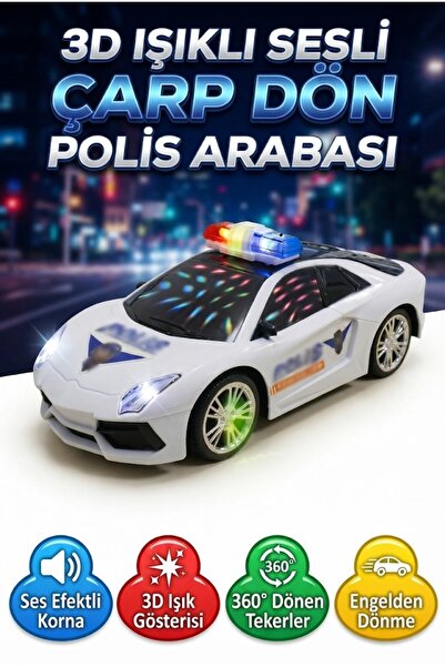 Tıfıl Toys 3D Işıklı Sesli Pilli Çarp Dön Polis Tasarımlı Pilli Işık Şovlu Oy...