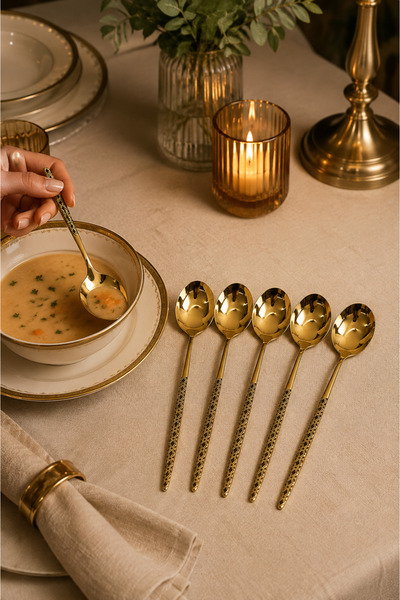 Ve Shop Alya Gold 6’lı Yemek Kaşığı Seti – Gold Renk Siyah Desenli Saplı Şık ...