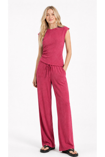 Kallisto Red Wrinkled Gathered Detailed Top Relaxed Fit Pants Set
