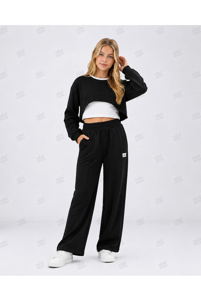 Kız Çocuk Crop Sweatshirt Ve Bol Paça Pantolon Takımı