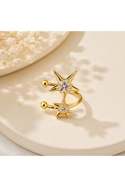 HOTCHIC Stella İkili Yıldız Taşlı Gold Earcuff Çelik Küpe - TEK ADET