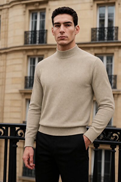 comstar Men's Trend Winter Half-Throat Cream Knitwear Sweater
