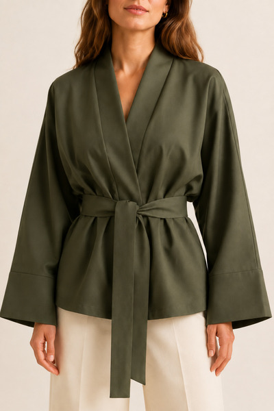 Glowear Atelier Green Belt Detailed Kimono Jacket - Oversize