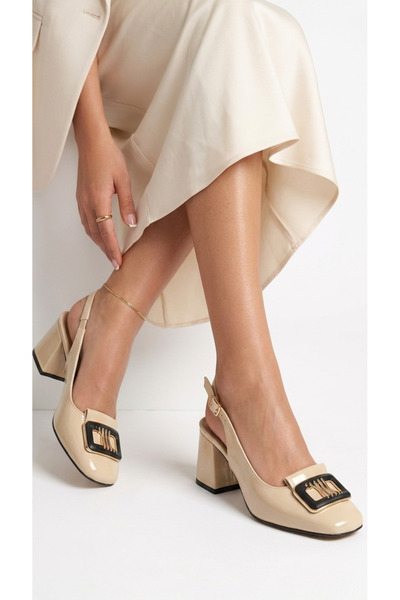 pabucmarketi Beige patent leather women's high heel shoes