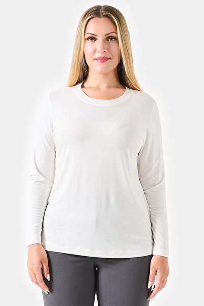 TOLGA SARAÇOĞLU 11010 Ecru Crew Neck Long Sleeve Basic Knitted Blouse