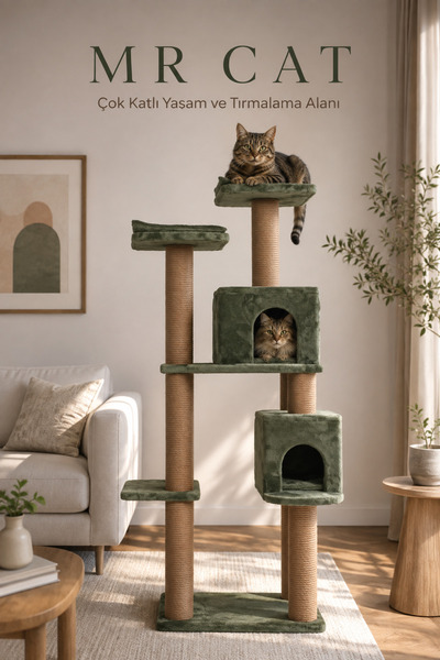 sawinno home&sleep Sawinno Mr.Cat Çok Katlı Çift Yuvalı Kedi Tırmalama ve Oyu...