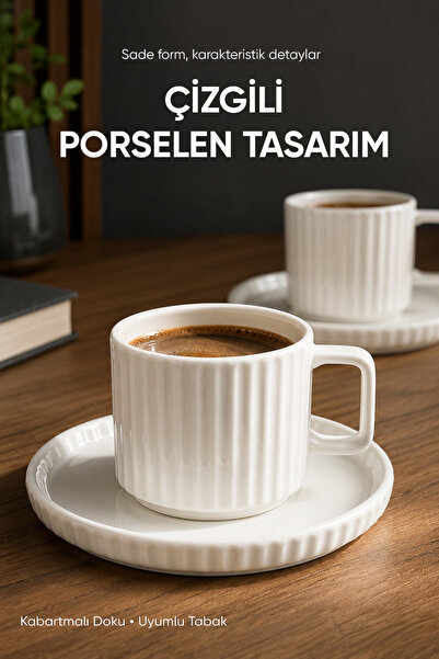 Vienev 2 Kişilik Çizgili Beyaz Porselen Kahve Fincanı Seti 100 ml Tabaklı Şık Kahve Fincan Takımı