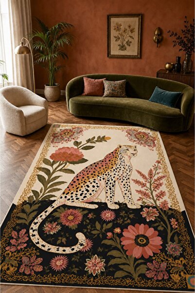 on the clouds Leopar ve Çiçek Desenli Vintage Siyah Krem Yıkanabilir Kaymaz T...
