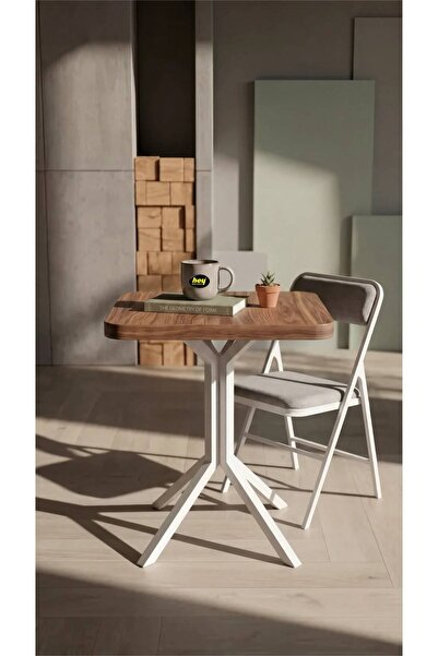 hey modüler mobilya 50 Cm Ürgüp Kare Ceviz Balkon Masası Yan Sehpa Mutfak Yemek Masası Beyaz Ayak