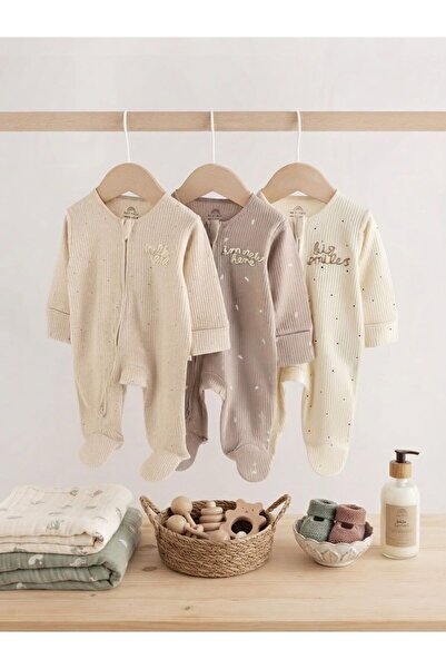 Next Baby Pamuklu Krem Milk Club Çift Yönlü Fermuarlı 3'lü Tulum Set