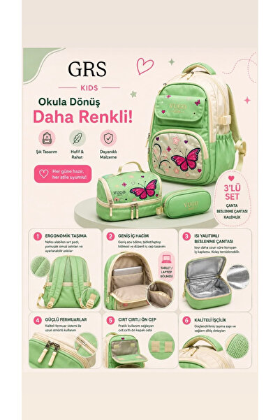 Grsbags Girl's Green Kebelek Patterned 3-Piece School Backpack