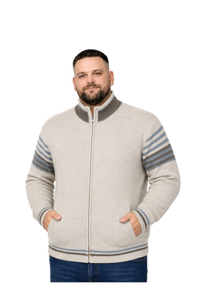 BattalModa Erkek Büyük Beden Bej Çizgili Cepli Hattush Ceket 5XL-6XL-7XL-8XL