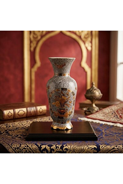 ESKİ YENİ ANTİK Gri,Gold Detaylı İnce Yapılı Masaüstü Vazo