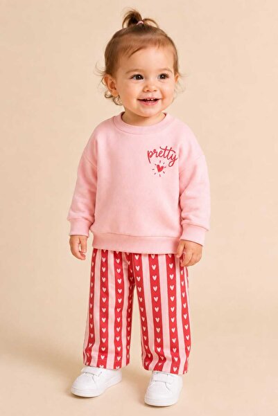 kidsense Baby Girl Pretty Heart Printed Sweatshirt Striped Wide Leg Pants Set