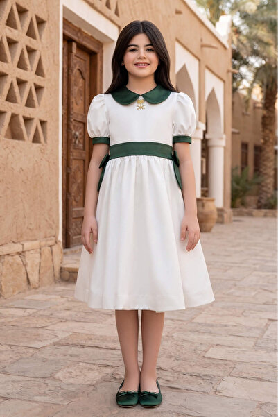 Alesaei-mondo tondo National day 96 girls' white luxury classic collar dress