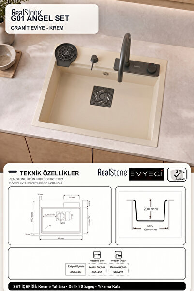 RealStone G01 Angel Set Krem Akıllı Granit Eviye 60 x 49 cm