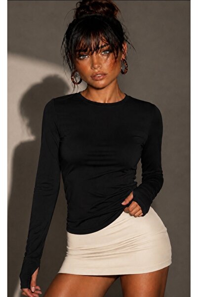 Be Best Women's Black Crew Neck Finger-Loop Blouse Be494