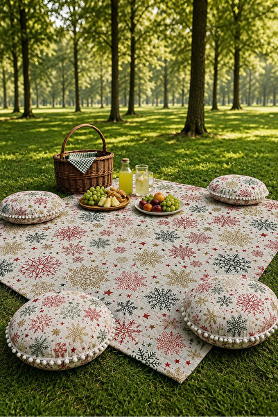 Rona Home Piknik Örtüsü ve 4'lü Yastıklı Minder Seti Desenli Su Geçirmez Kamp...