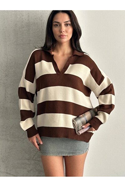 Dier Moda Women's Gray Yellow Striped Oversize Polo Collar Knit Sweater