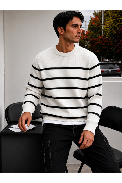 threeoff Men's Crew Neck Striped Knitwear Sweater Long Sleeve Oversize Casual...