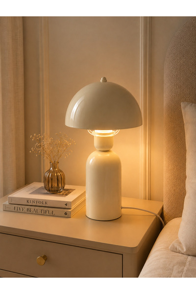 EvLight Elit Abajur Krem Metal Gövdeli 35 cm Premium Masa Lambası