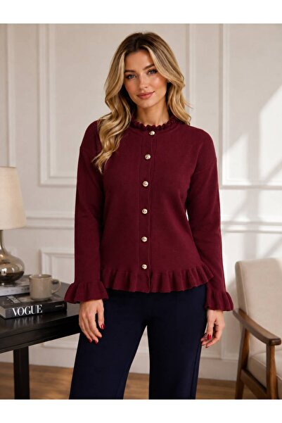 STF MODA Women's Ruffle Detailed Buttoned Knitwear Cardigan Long Sleeve Casua...