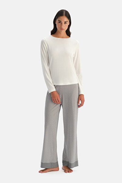 Dagi Set de pantaloni și tricou cu mânecă lungă, detaliu elastic, culoare ecru