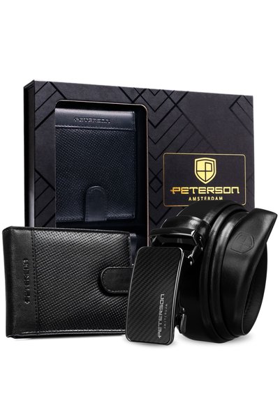 Peterson Set cadou portofel și curea, bărbătesc, din piele, elegant, negru
