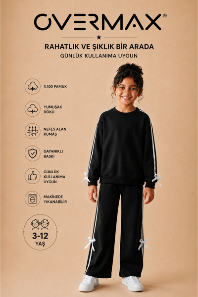 OVERMAX Girl's Striped and Bow Detailed Tracksuit Set – Ages 3-12