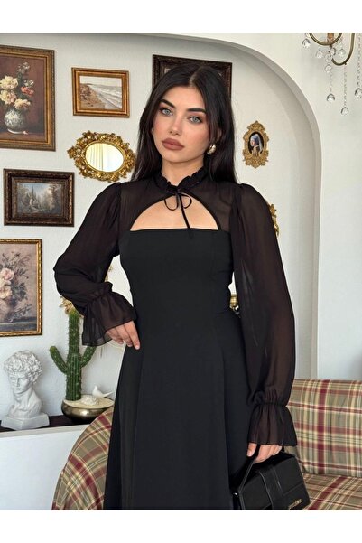 Dilek Vardar Black Chiffon Long Dress with Sleeves and Tie-Neck Detail