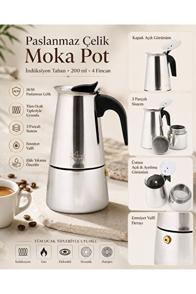 Genel Markalar Premium 18/10 Paslanmaz Çelik İndüksiyon Moka Pot 200 ml – 4 F...