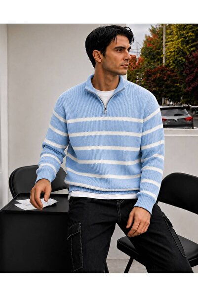 threeoff Men's Striped Knitwear Sweater Half Zipper Stand Collar Regular Fit ...
