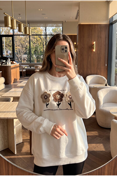 FEMELLE White 100% Cotton Beaded and Embroidered Sweatshirt
