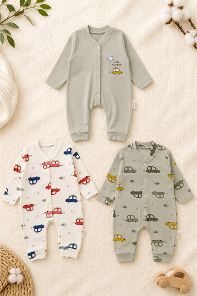 Beniizle Cars Patterned 3-Piece Baby Boy Jumpsuit