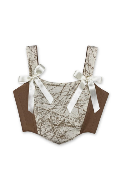 L'Aura Corset Krem ve Kahverengi Desenli Çift Taraflı Korse