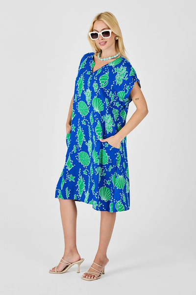 sharin Women's Patterned Summer V-Neck Midi Length Short Sleeve Dress 12C-2416