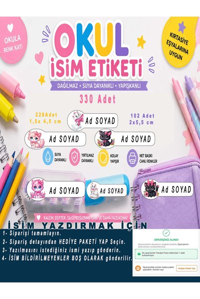 aiki Sevimli Kedi Temalı, Okul, Kalem, Defter, ,Boya Etiketi, 330 adet
