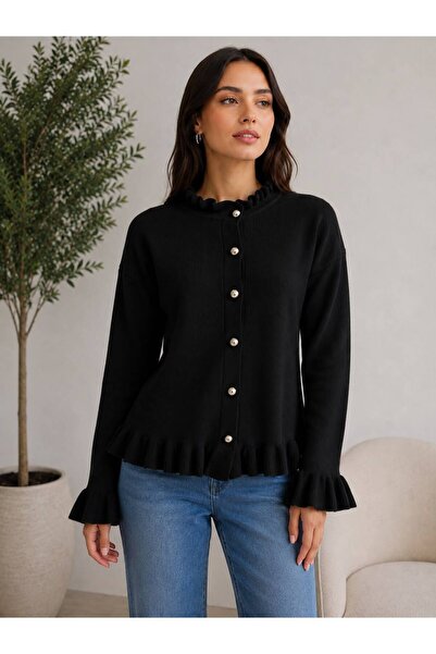 STF MODA Women's Ruffle Detailed Buttoned Knitwear Cardigan Long Sleeve Casua...