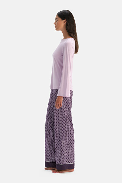 Dagi Lilac Boat Neck Long Sleeve T-Shirt Geometric Pattern Trousers Set